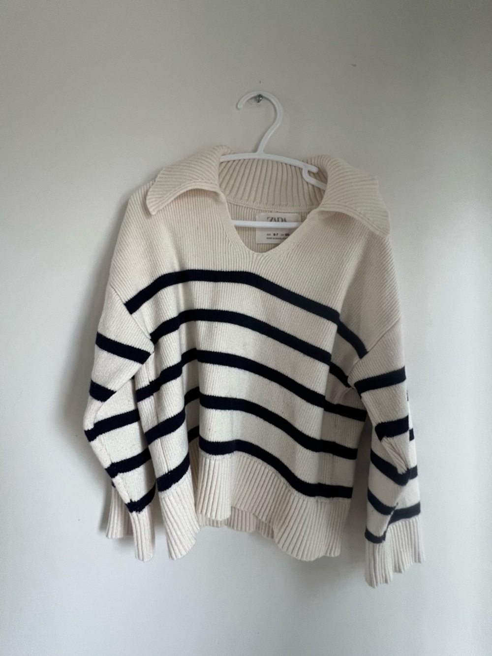 Zara Cream and Black Striped V-Neck Collared Sweater
